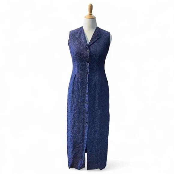 Vintage Escada Linen Dress Sz 40 Sleeveless Blue Button Front Midi Career - Picture 2 of 6